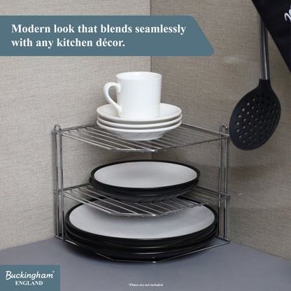 Buckingham 3 Tier Corner Shelf Plate Rack White Chrome and Black 23 cm