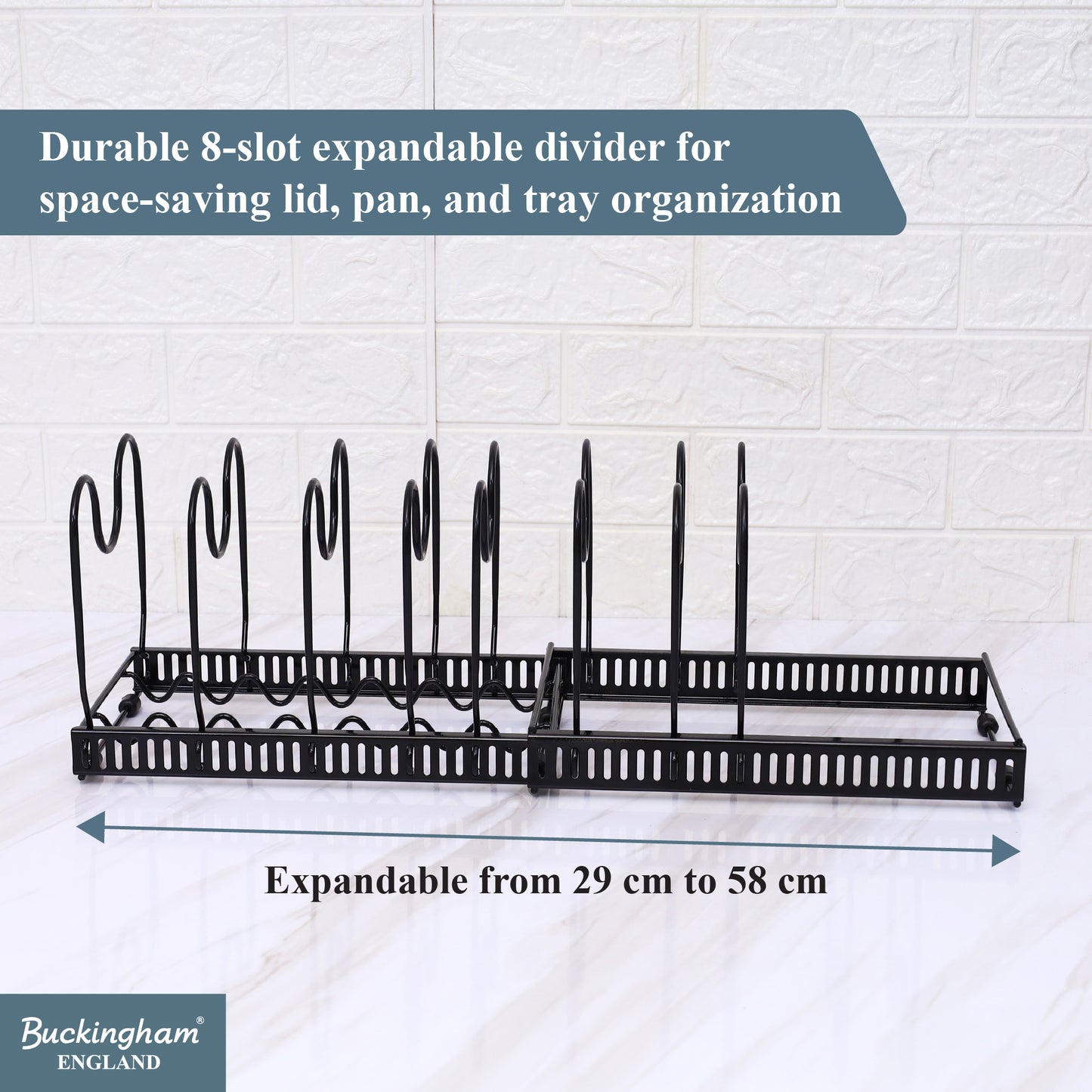Buckingham Pot Lid Organizer Rack Adjustable 8-Divider Storage Black Metal