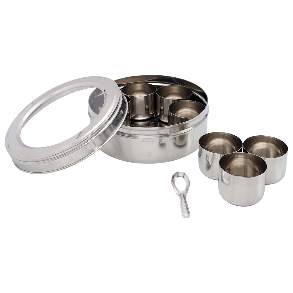 Buckingham Stainless Steel Masala Dabba Spice Box Set with 7 Inner Cups 1 Spoon