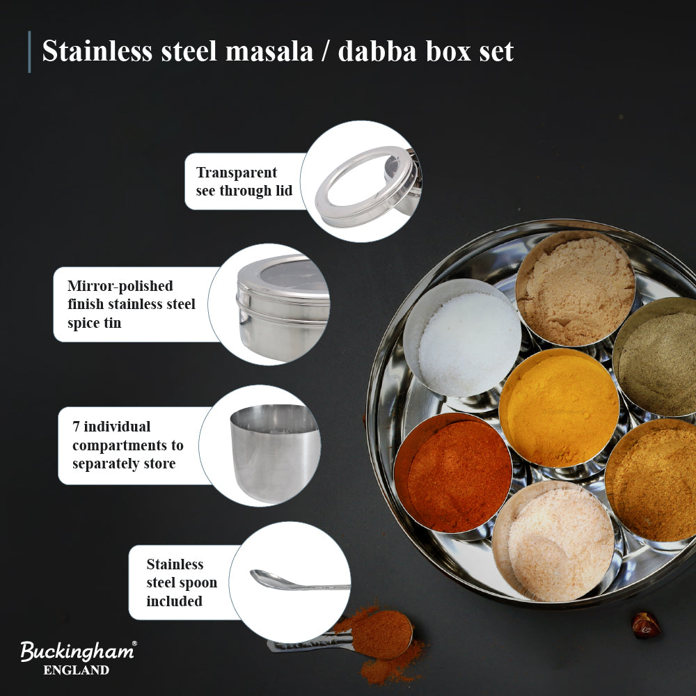 Buckingham Stainless Steel Masala Dabba Spice Box Set with 7 Inner Cups 1 Spoon