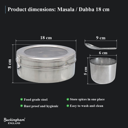 Buckingham Stainless Steel Masala Dabba Spice Box Set with 7 Inner Cups 1 Spoon