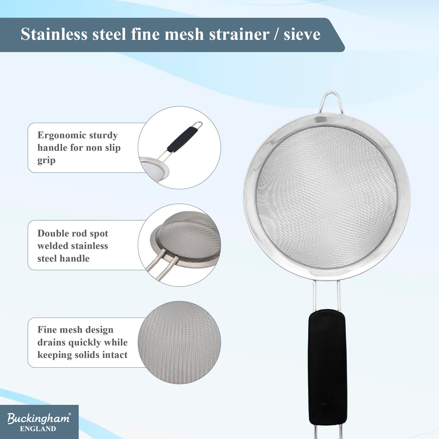 Buckingham Stainless Steel Fine Mesh Strainer with Black Handle