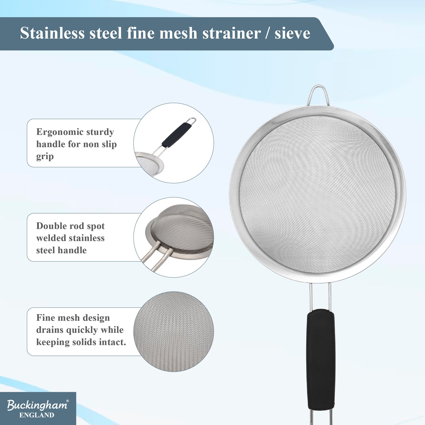 Buckingham Stainless Steel Fine Mesh Strainer with Black Handle