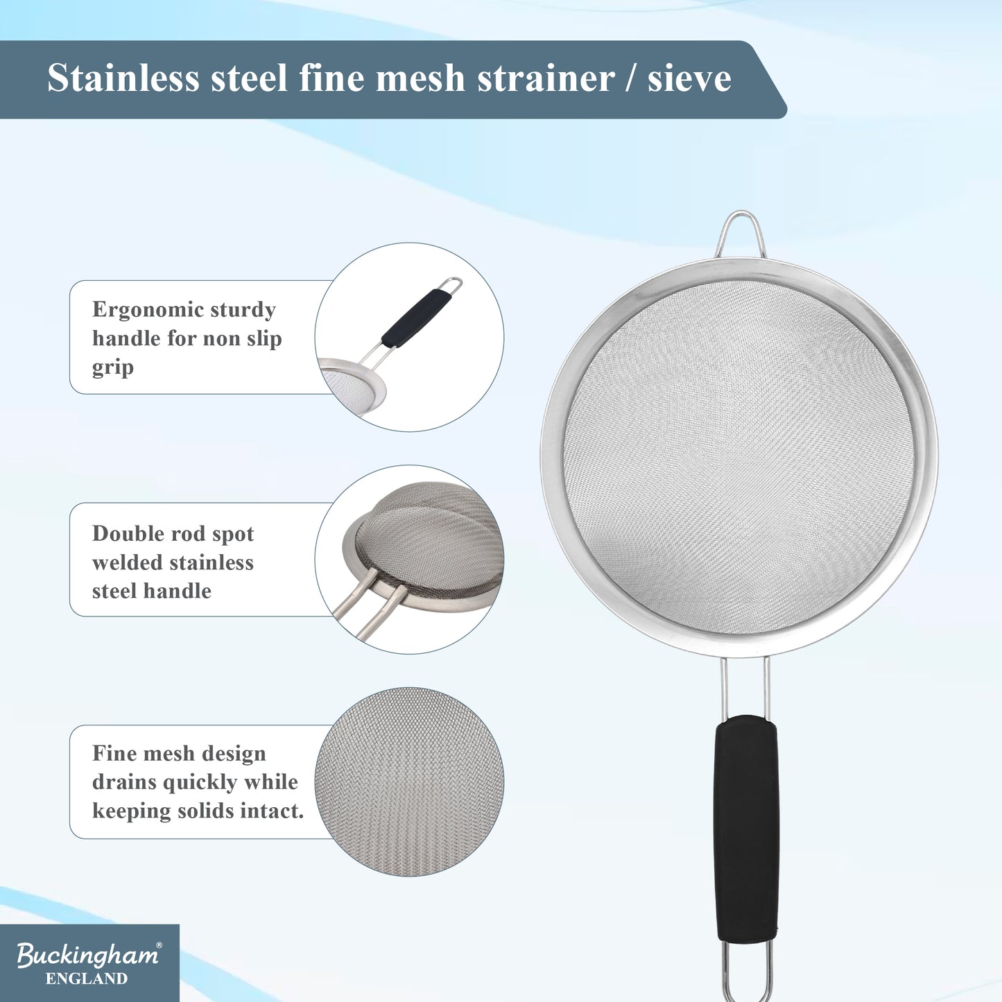 Buckingham Stainless Steel Fine Mesh Strainer with Black Handle