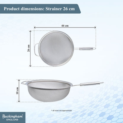 Buckingham fine mesh Stainless steel cook’s handle strainer / sieve 26 cm.