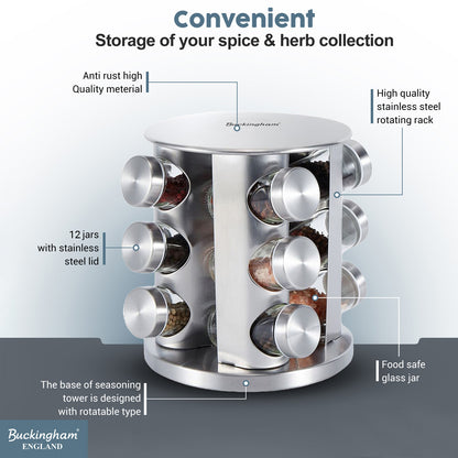 Buckingham Stainless Steel Rotating Spice Rack (12 Jars)