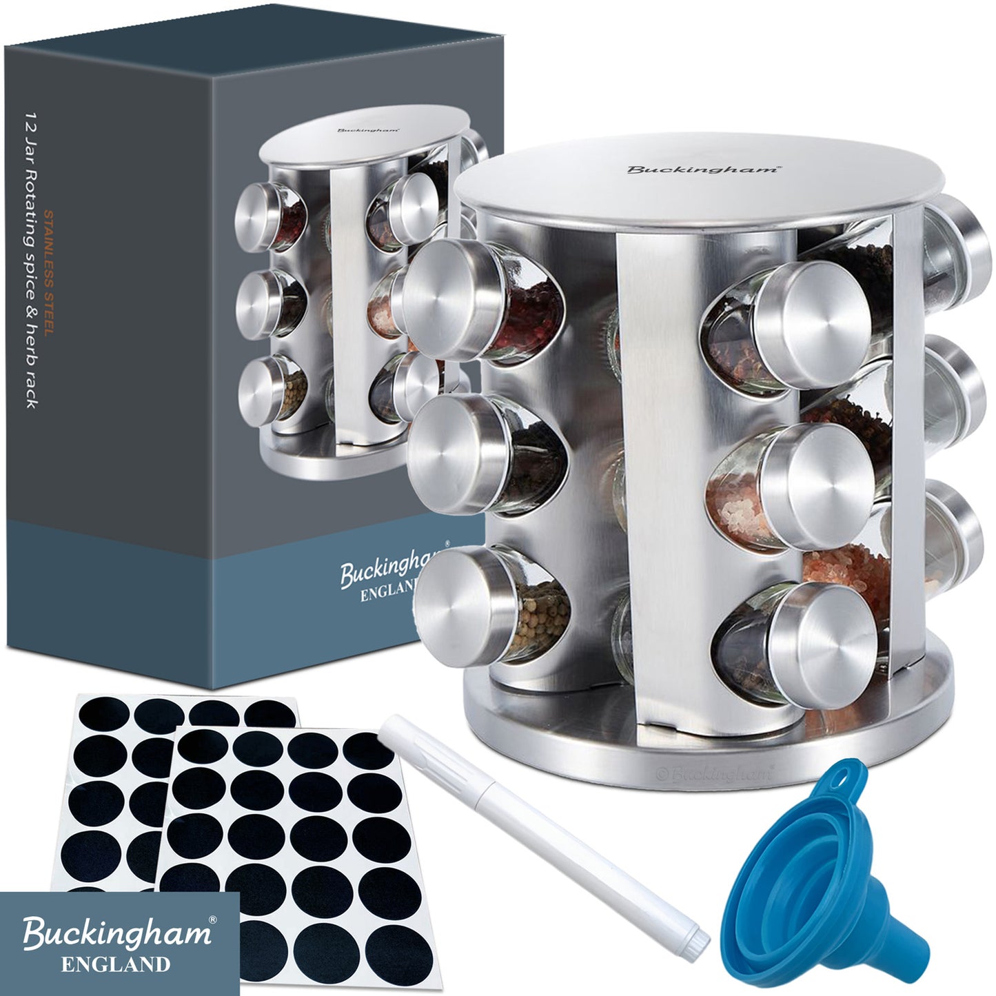 Buckingham Stainless Steel Rotating Spice Rack (12 Jars)