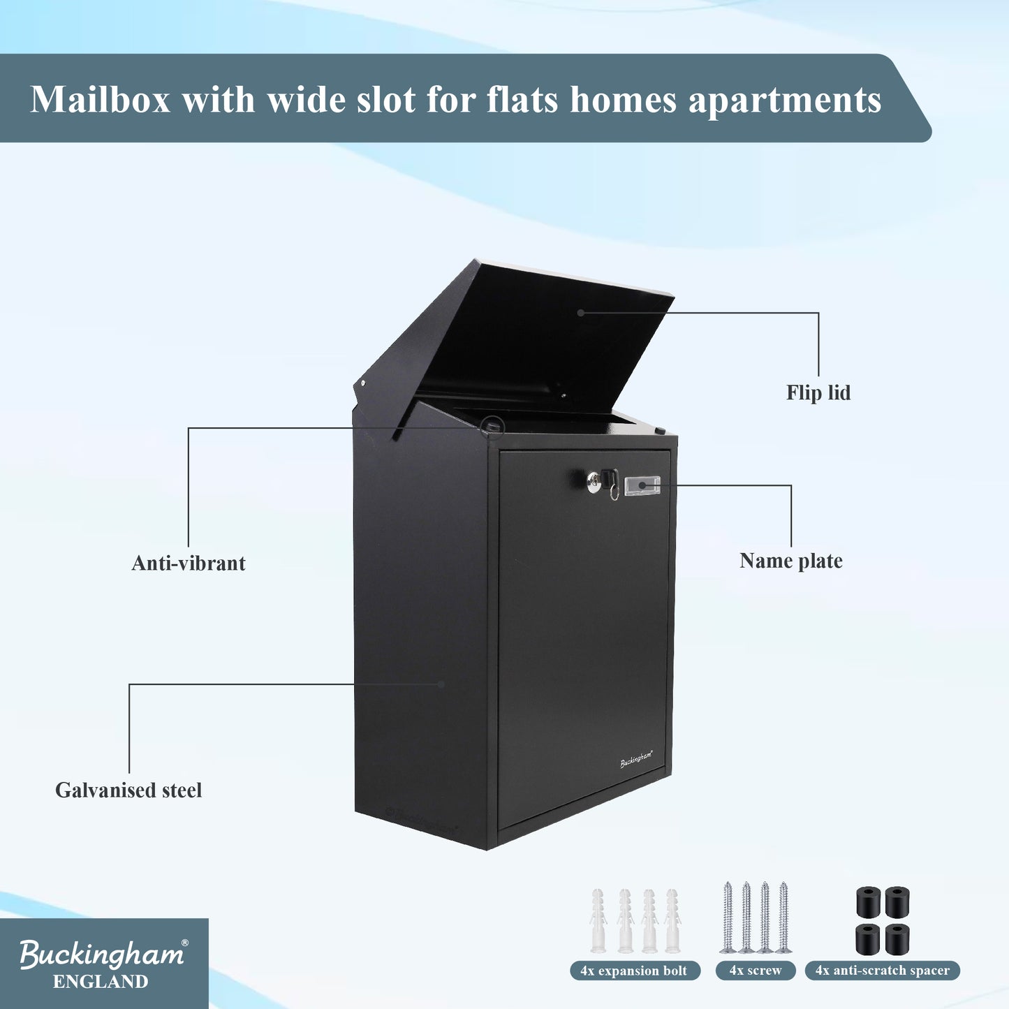 Buckingham Wall Mounted and Lockable Mail Steel Post Letter Box Black Finish