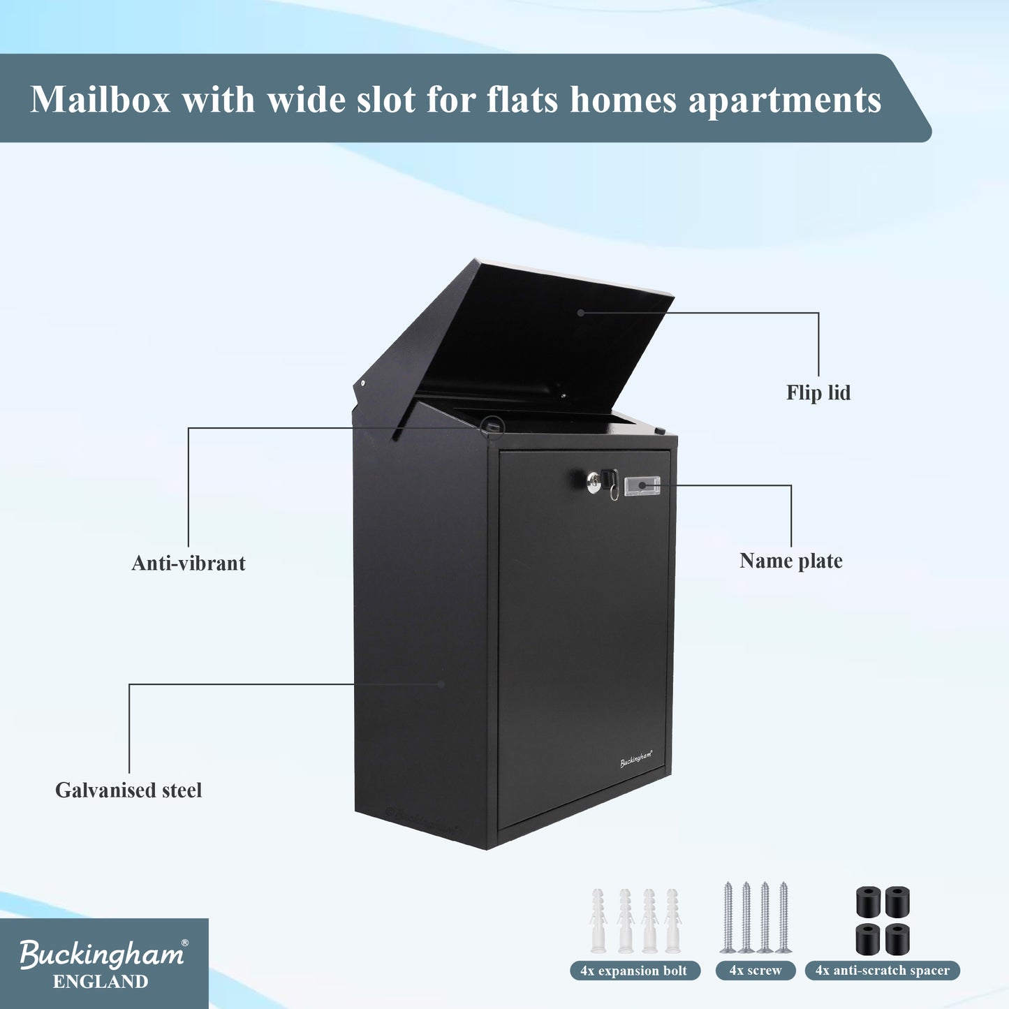 Buckingham Wall Mounted and Lockable Mail Steel Post Boxes Black Finish