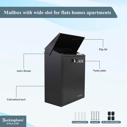 Buckingham Wall Mounted and Lockable Mail Steel Post Boxes Black Finish