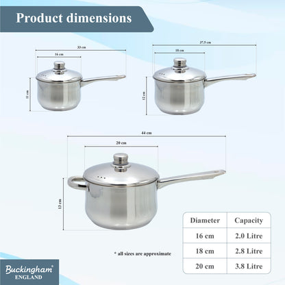 Buckingham 3 Piece Deep Stainless Steel Saucepan Set with Lid