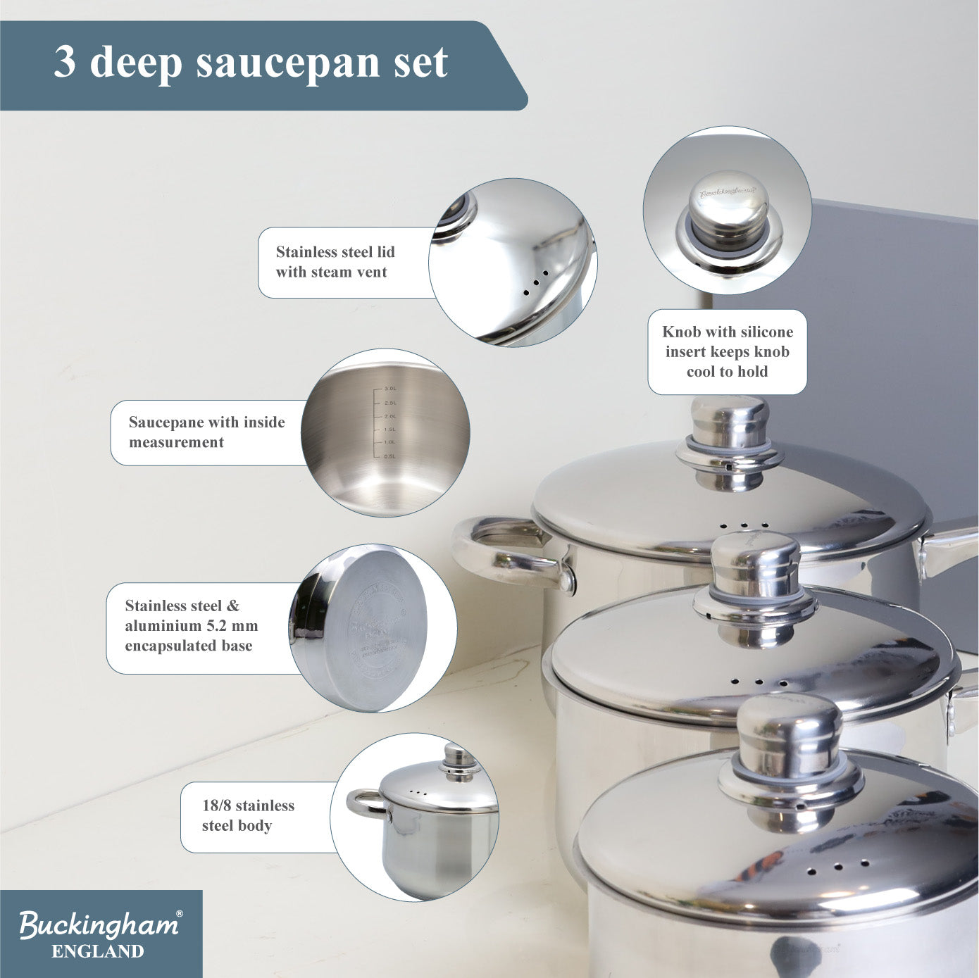 Buckingham 3 Piece Deep Stainless Steel Saucepan Set with Lid