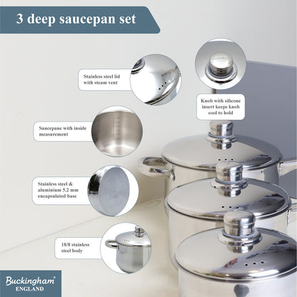 Buckingham 3 Piece Deep Stainless Steel Saucepan Set with Lid