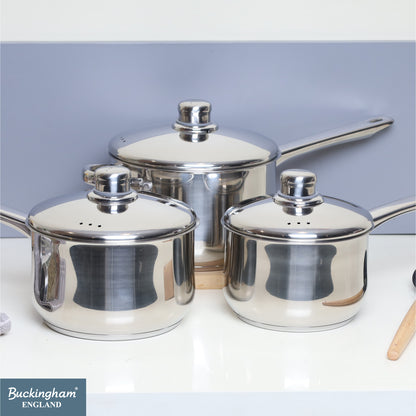 Buckingham 3 Piece Deep Stainless Steel Saucepan Set with Lid