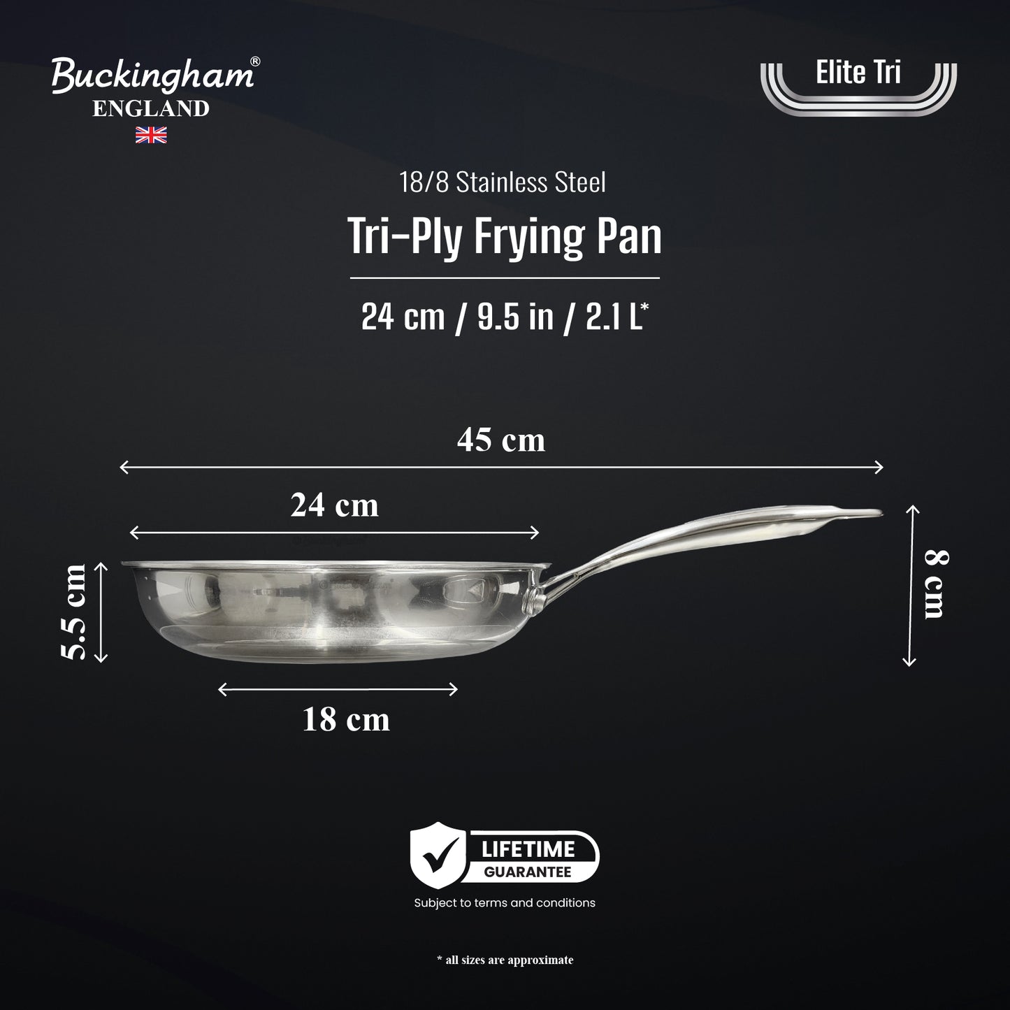 Buckingham Elite-Tri 18/8 Stainless Steel Frying Pan Uncoated.