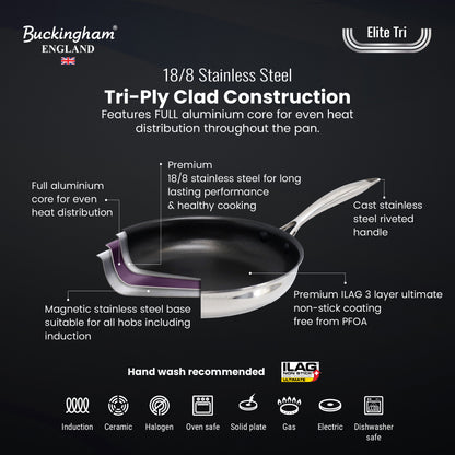 Buckingham Elite Tri-ply 18/8 Stainless Steel Frying Pan (ILAG ultimate non-stick coating)