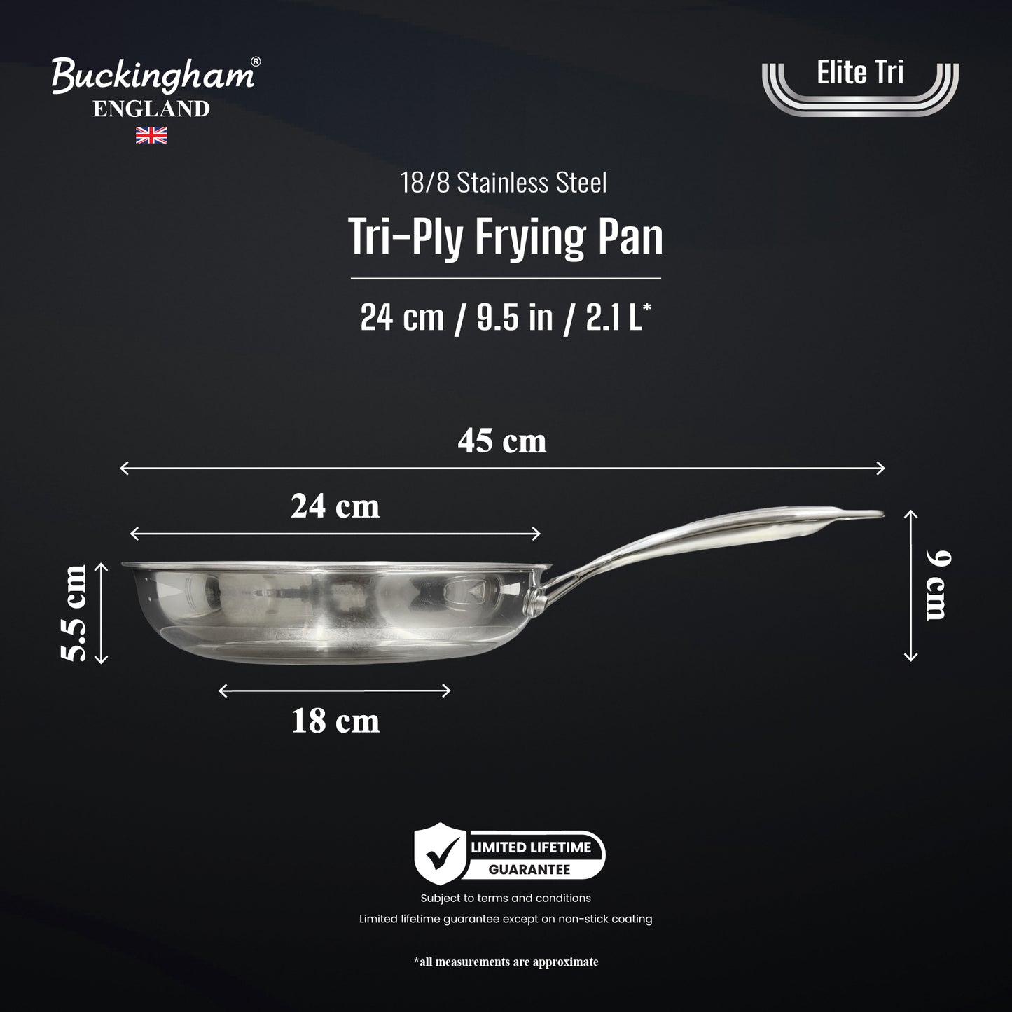 Buckingham Elite Tri-ply 18/8 Stainless Steel Frying Pan (ILAG ultimate non-stick coating)