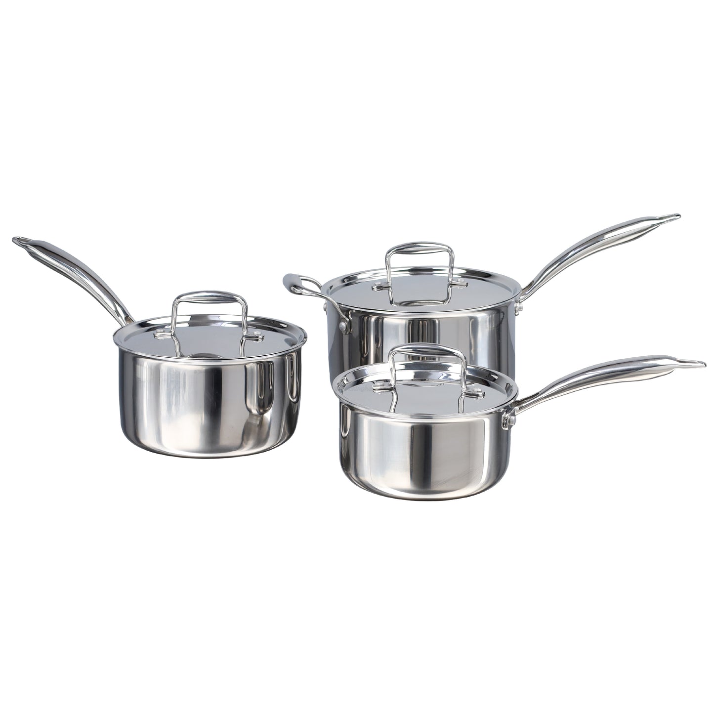 Buckingham Elite Tri-ply 18/8 Stainless Steel set of 3 deep sauce pans with lid 16 cm / 18cm / 20cm.