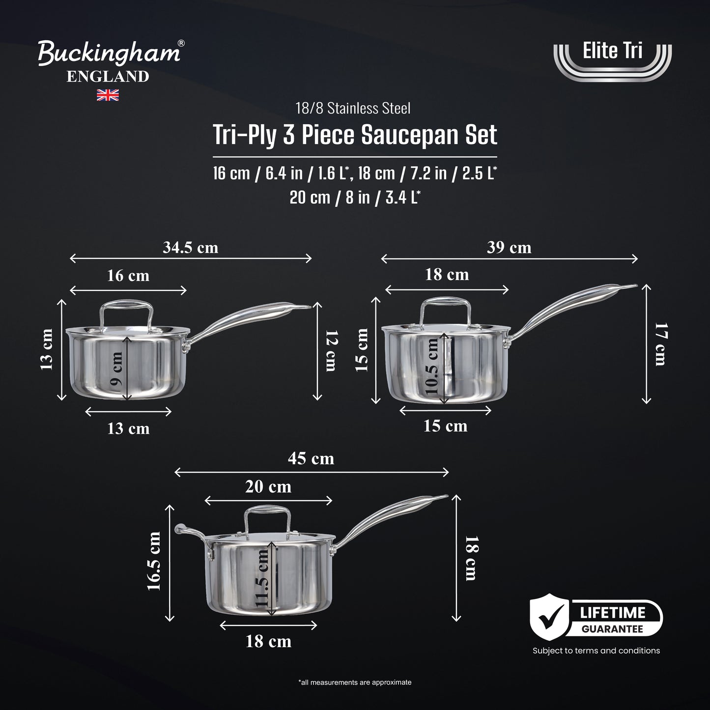 Buckingham Elite Tri-ply 18/8 Stainless Steel set of 3 deep sauce pans with lid 16 cm / 18cm / 20cm.