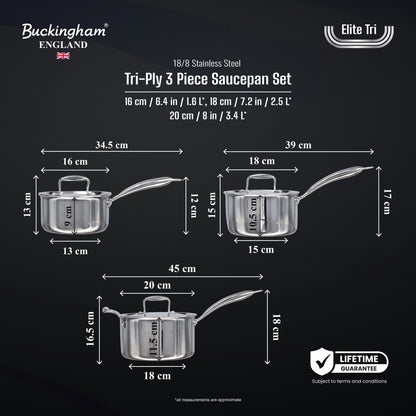 Buckingham Elite Tri-ply 18/8 Stainless Steel set of 3 deep sauce pans with lid 16 cm / 18cm / 20cm.