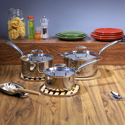 Buckingham Elite Tri-ply 18/8 Stainless Steel set of 3 deep sauce pans with lid 16 cm / 18cm / 20cm.