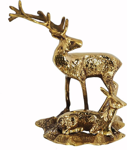 Buckingham Solid Brass Stag & Baby On Base Ornament Figurine Collectible Metal