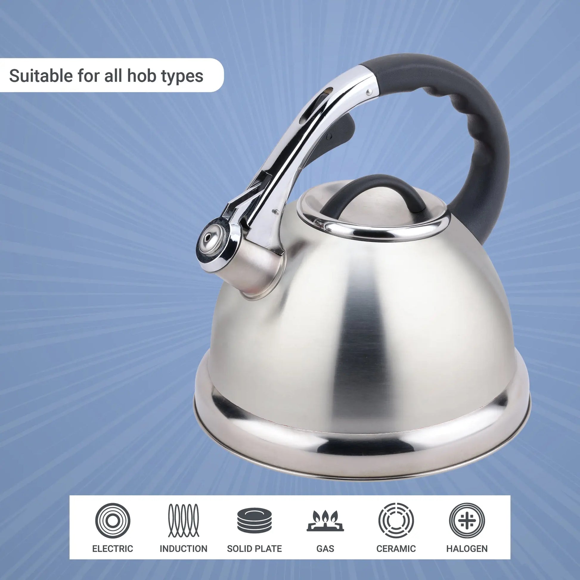 Buckingham Stove-Top Induction Stainless Steel Whistling Kettle Satin Finish with Soft Touch Black Easy Grip Handle 3.5 litres. Buckingham Cookware UK