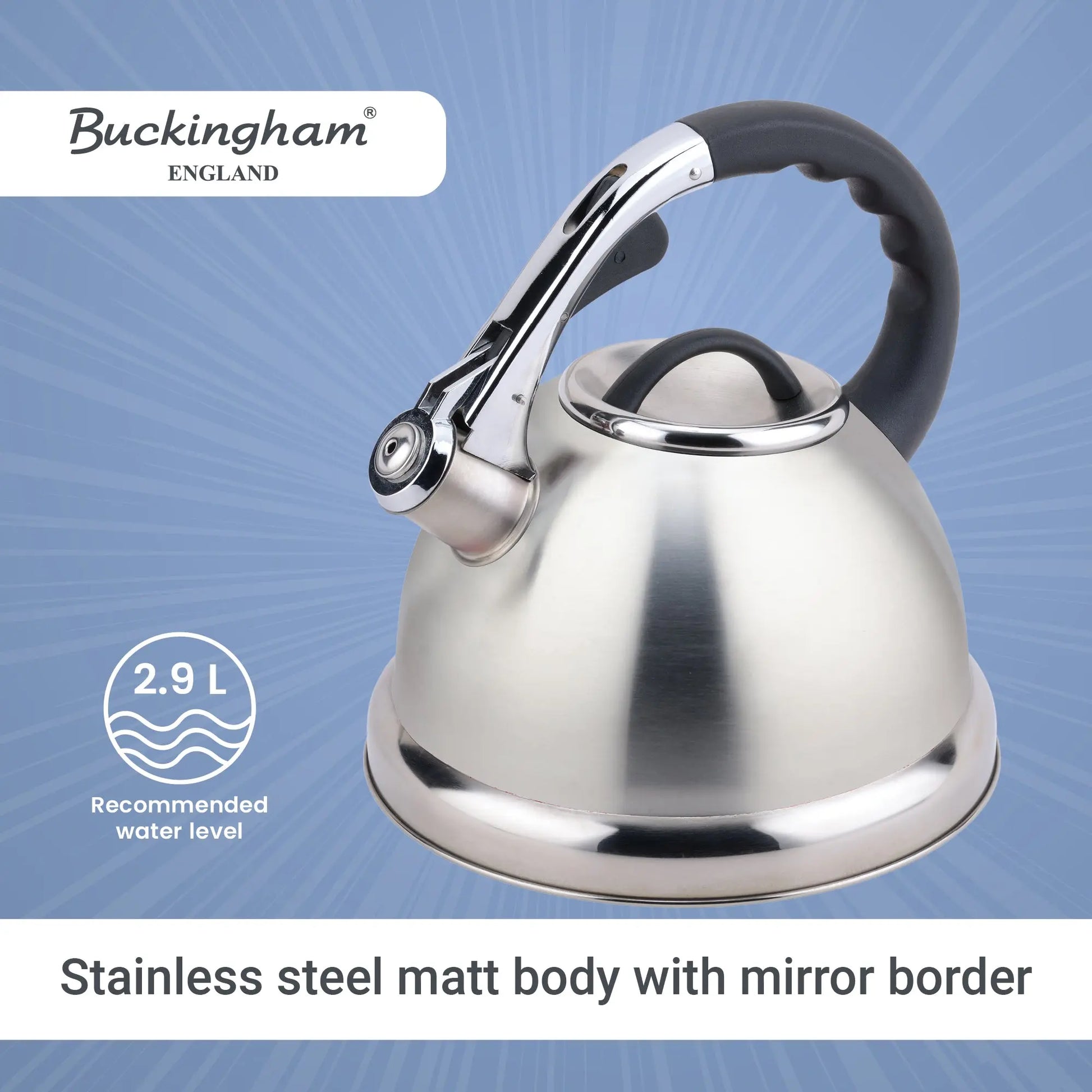 Buckingham Stove-Top Induction Stainless Steel Whistling Kettle Satin Finish with Soft Touch Black Easy Grip Handle 3.5 litres. Buckingham Cookware UK