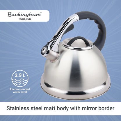 Buckingham Stove-Top Induction Stainless Steel Whistling Kettle Satin Finish with Soft Touch Black Easy Grip Handle 3.5 litres. Buckingham Cookware UK