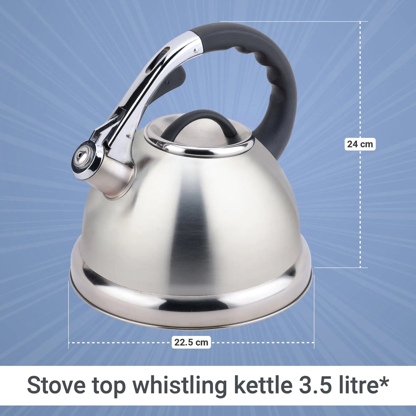 Buckingham Stove-Top Induction Stainless Steel Whistling Kettle Satin Finish with Soft Touch Black Easy Grip Handle 3.5 litres. Buckingham Cookware UK
