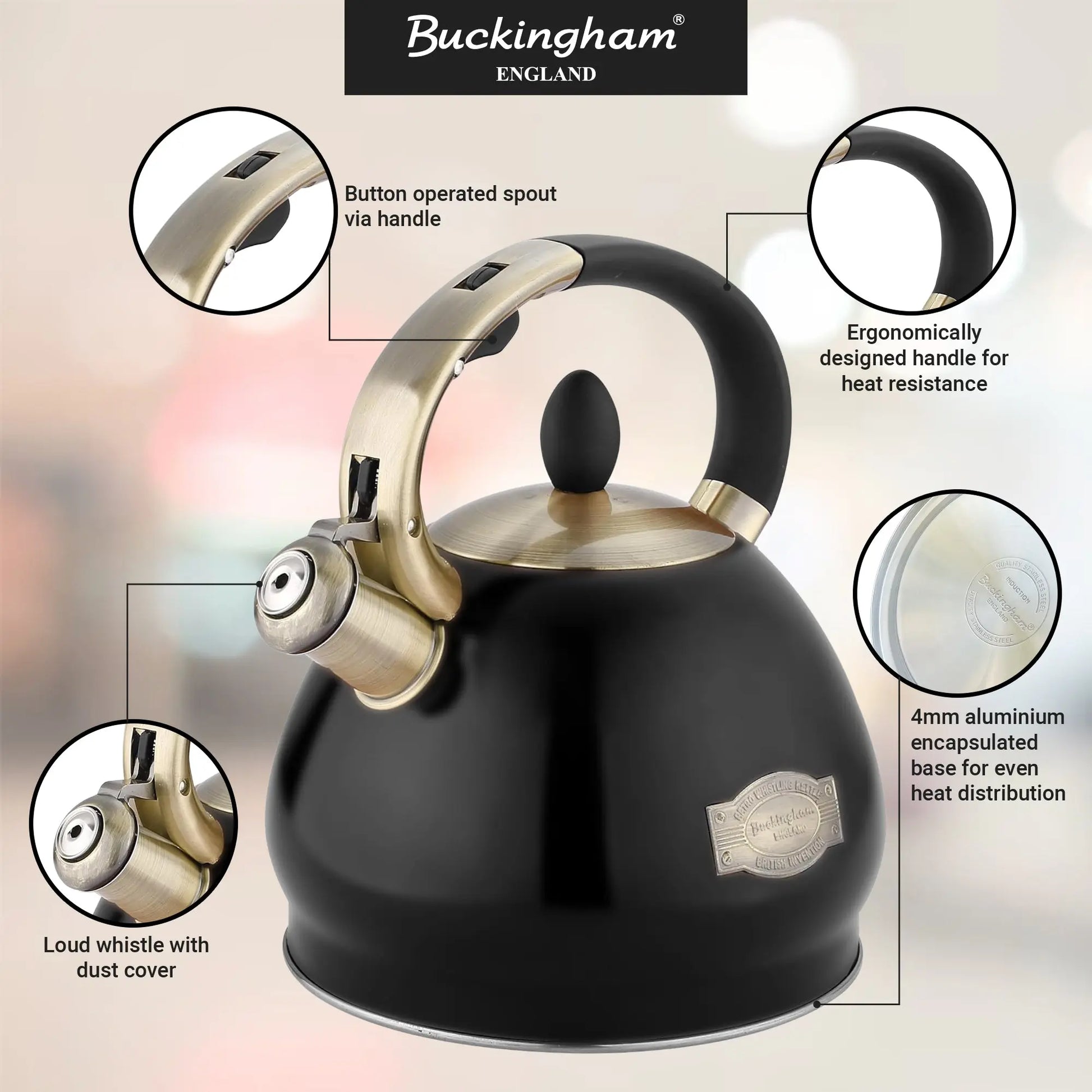 Buckingham Stove top Retro Matt Black Whistling Kettle Induction