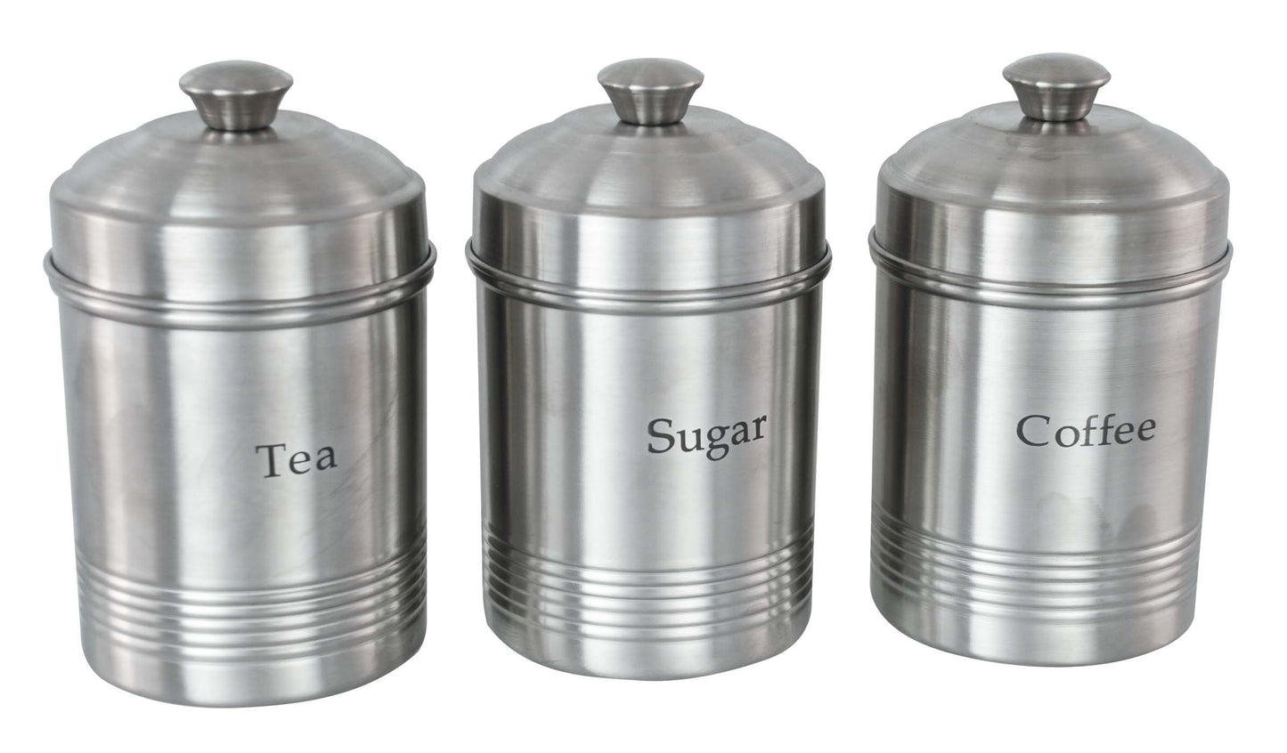 Buckingham Stainless Steel Set of 3 Storage Canisters Tea Coffee and Sugar, Ribbed, Matt Finish