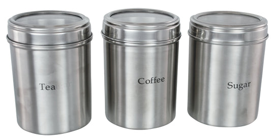 Buckingham Stainless Steel Set of 3 Storage Canisters with Acrylic Lid Tea Coffee and Sugar, Matt Finish