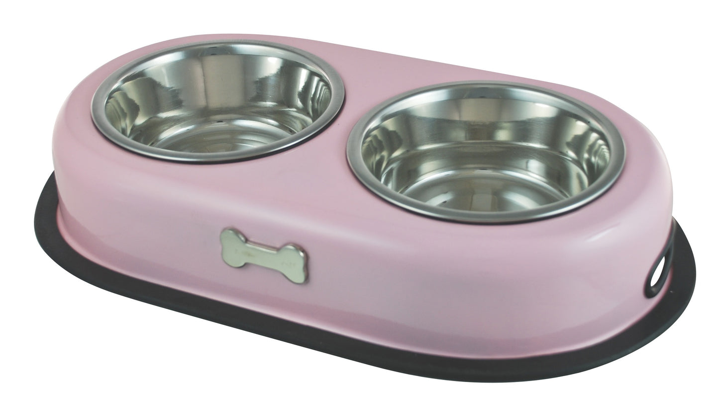 Buckingham Stainless Steel Double Dog Bowls Pet Twin Dish Water Food Station, Pink