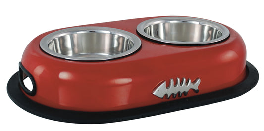 Buckingham Stainless Steel Double Pet Bowl Cat Twin Dish Water Food Station, Red