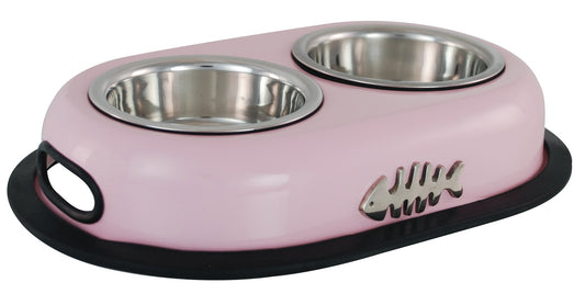 Buckingham Stainless Steel Double Pet Bowl Cat Twin Dish Water Food Station, Pink