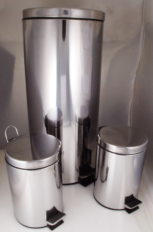 Buckingham Stainless Steel Pedal Bin Waste Trash Bin for Bathroom Kitchen Office, Set of 3, comprising 2X 3 L & 1 X 30 L