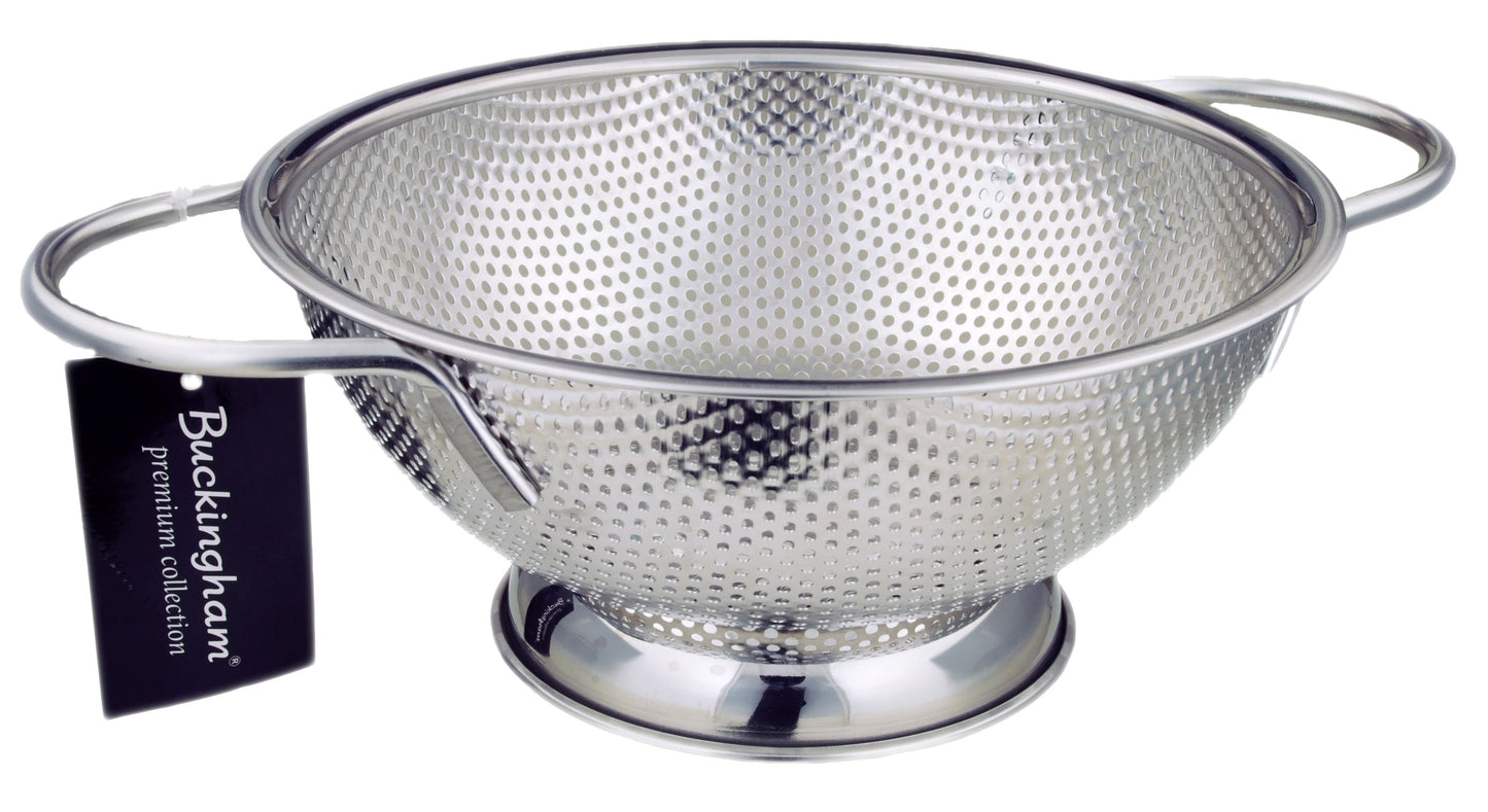 Buckingham Micro-perforated Stainless Steel Colander Strainer For Rice Pasta Spaghetti Noodles Vegetables Fruits Cooking and Kitchen Use, Silver, 22.5 cm