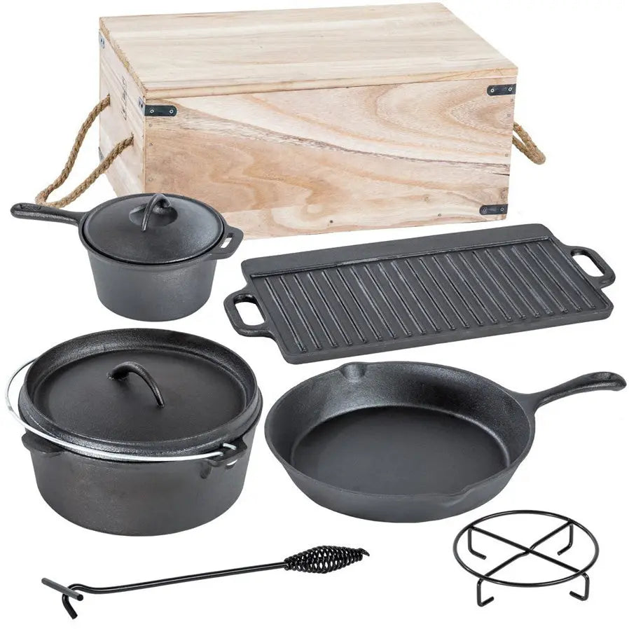 Buckingham Pre-Seasoned Cast Iron 7 Piece Cookware Set with Wooden Box Buckingham